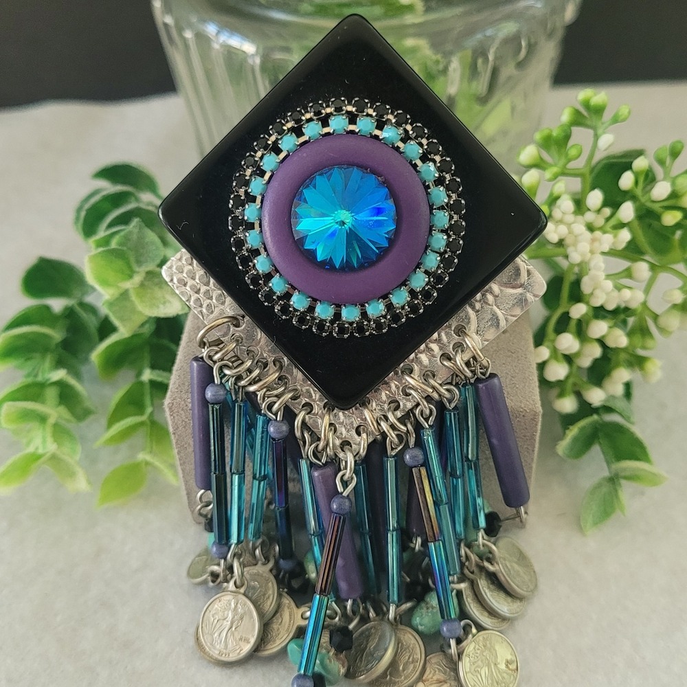 Dean 1980s Wearable Art Orphan Earring Boho Coin Fringe Clip On 4.5 Inch